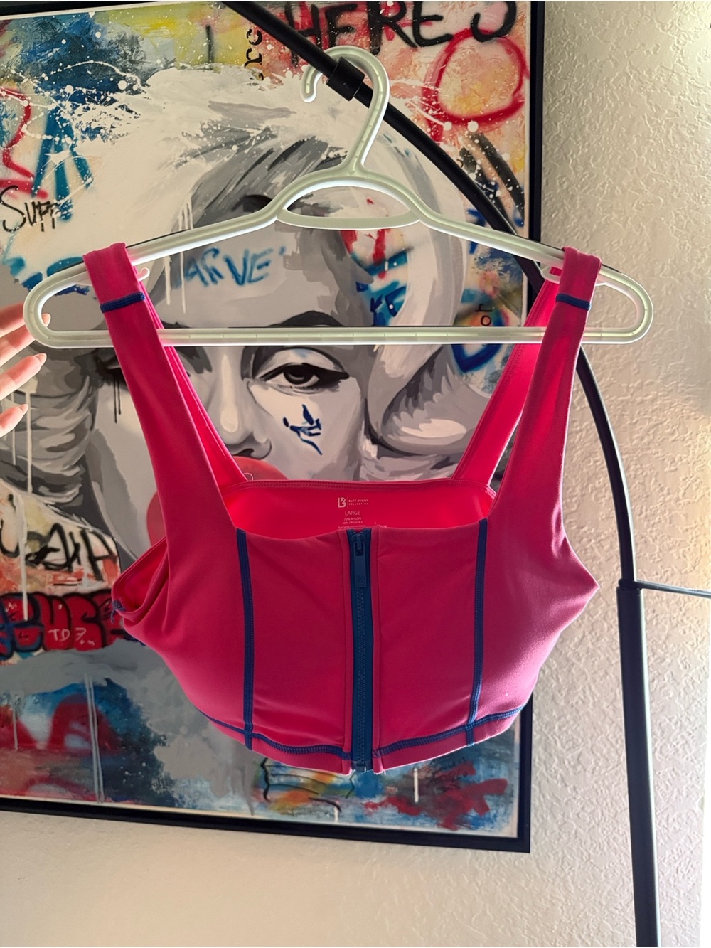 Buff bunny Collection Hot Pink Zip-Front Sports Bra with Navy Trim